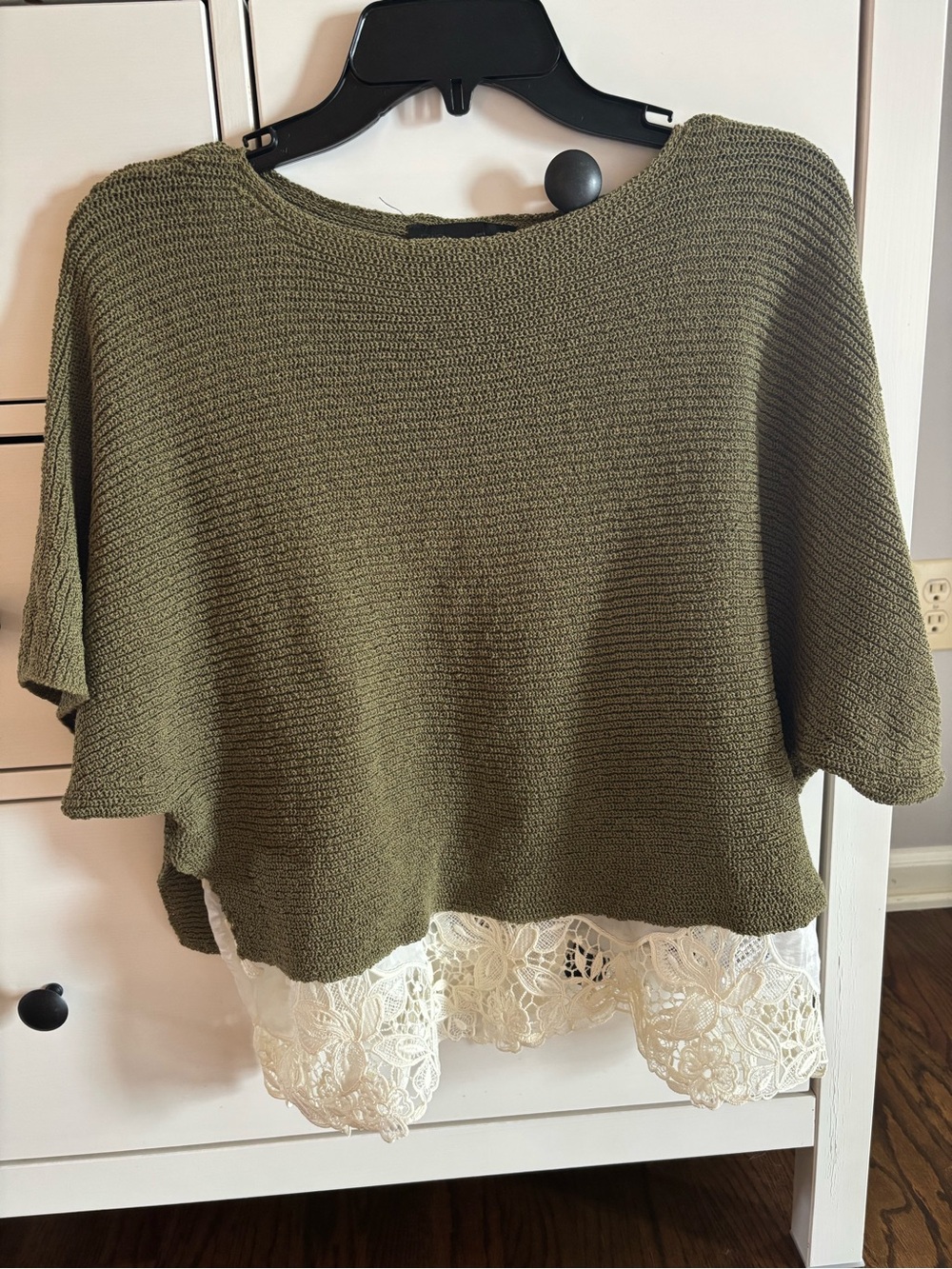 Zara Olive Green Knit Top with Cream Lace Trim